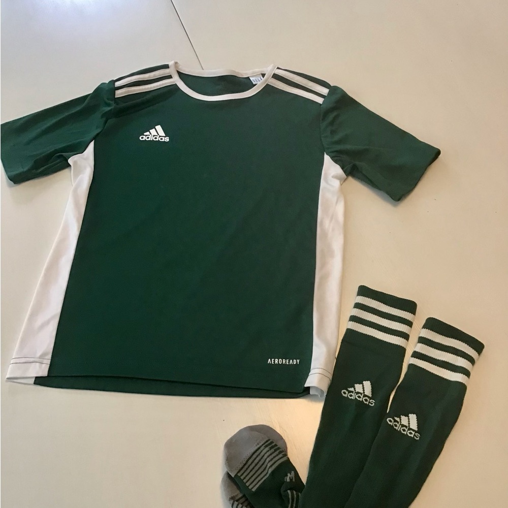 Adidas Dark Green and White Soccer Kit